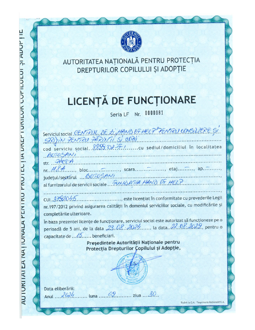 Licență de Funcționare - Centrul de Zi consiliere și sprijin părinți și copii
