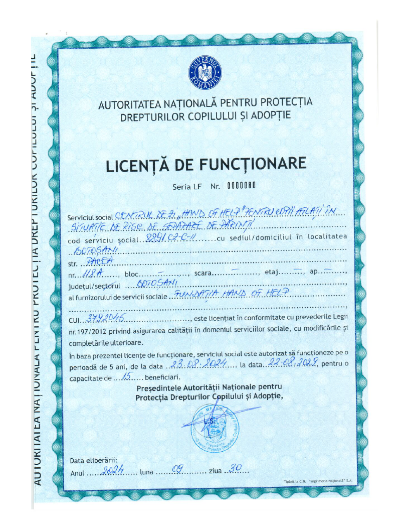 Licență de Funcționare - Centrul de Zi risc separare de părinți