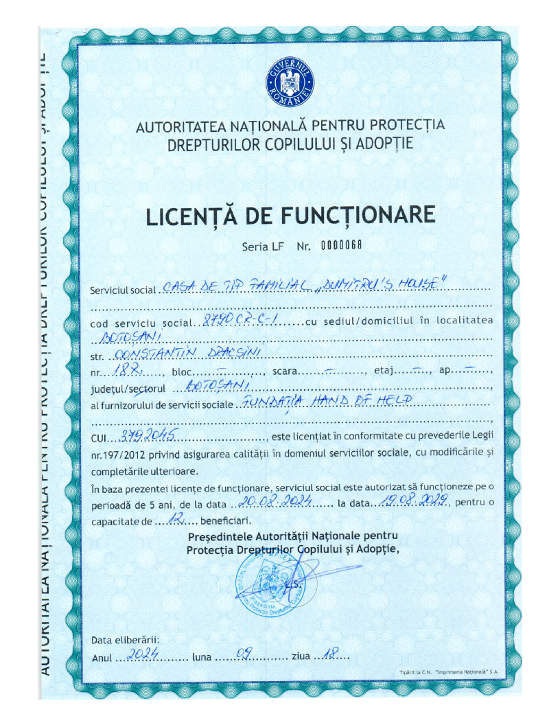 Licență de Funcționare - Casa „DUMITRU`S HOUSE“