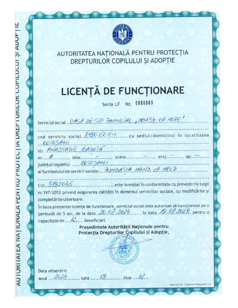 Licență de Funcționare - Casa „HOUSE OF HOPE“