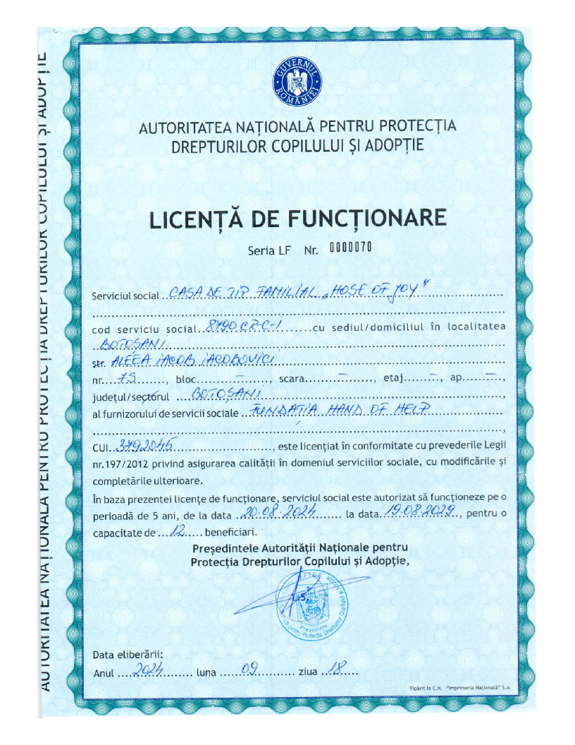 Licență de Funcționare - Casa „HOUSE OF JOY“