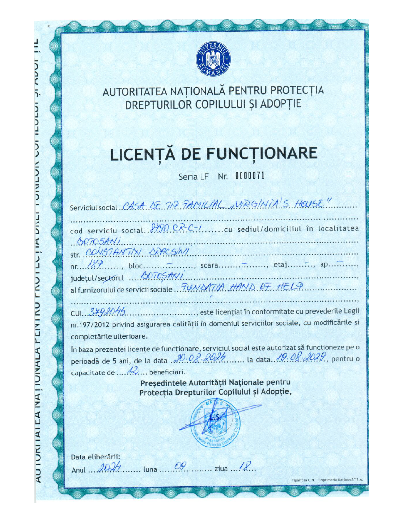 Licență de Funcționare - Casa „VIRGINIA`S HOUSE“